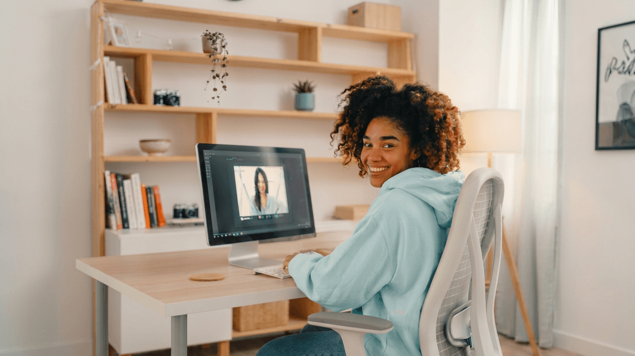 A student smiling while working at a desktop computer